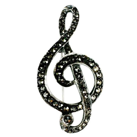 Silver & Marcasite Treble Clef Pin Brooch - Picture 12 of 12